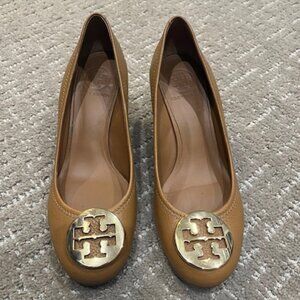 Tory Burch wedges, camel leather with wood heel, size 8